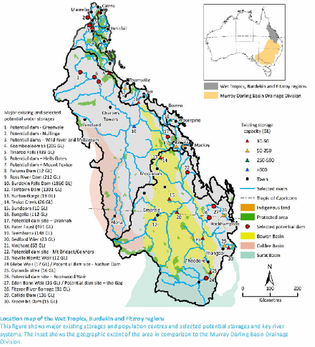 CSIRO REPORT: Major existing storages and population centres and selected potential storages in Queensland. CSIRO REPORT: Major existing storages and population centres and selected potential storages in Queensland.